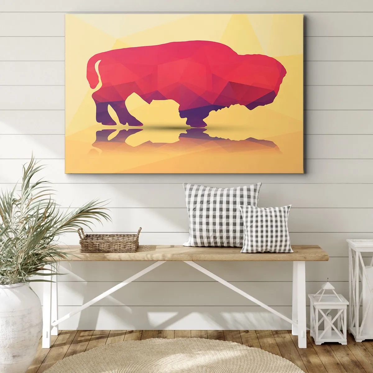 Impression sur toile - Image sur toile - Silhouette géométrique d'un bison dans les tons de rouge et de violet - 120x80cm - La force amarante du bison - Décoration murale moderne pour le salon et la chambre ARTTOR