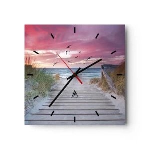 Horloge murale - Pendule murale - Chemin en bois sur la plage au coucher du soleil rose - 30x30cm - Impression de la Baltique - Décoration murale moderne pour le salon et la chambre ARTTOR