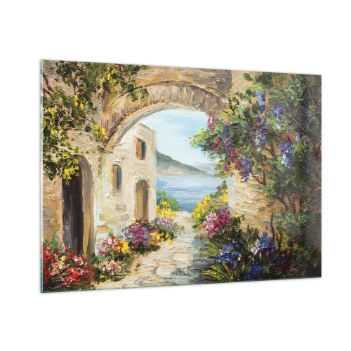 Impression sur verre - Image sur verre - Une rue pittoresque avec vue sur le lac - 100x70cm - Le charme d'une province côtière - Décoration murale moderne pour le salon et la chambre ARTTOR