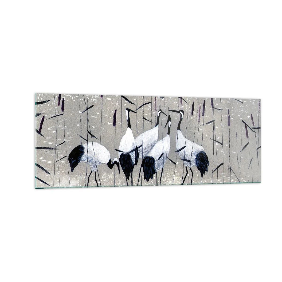 Impression sur verre - Image sur verre - Hérons dans l'herbe sur un fond paisible - 140x50cm - Parmi les siens - Décoration murale moderne pour le salon et la chambre ARTTOR