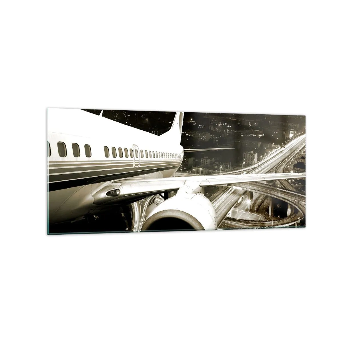 Impression sur verre - Image sur verre - Un avion au-dessus d'une ville nocturne avec des autoroutes illuminées - 120x50cm - Vole dans la nuit - Décoration murale moderne pour le salon et la chambre ARTTOR