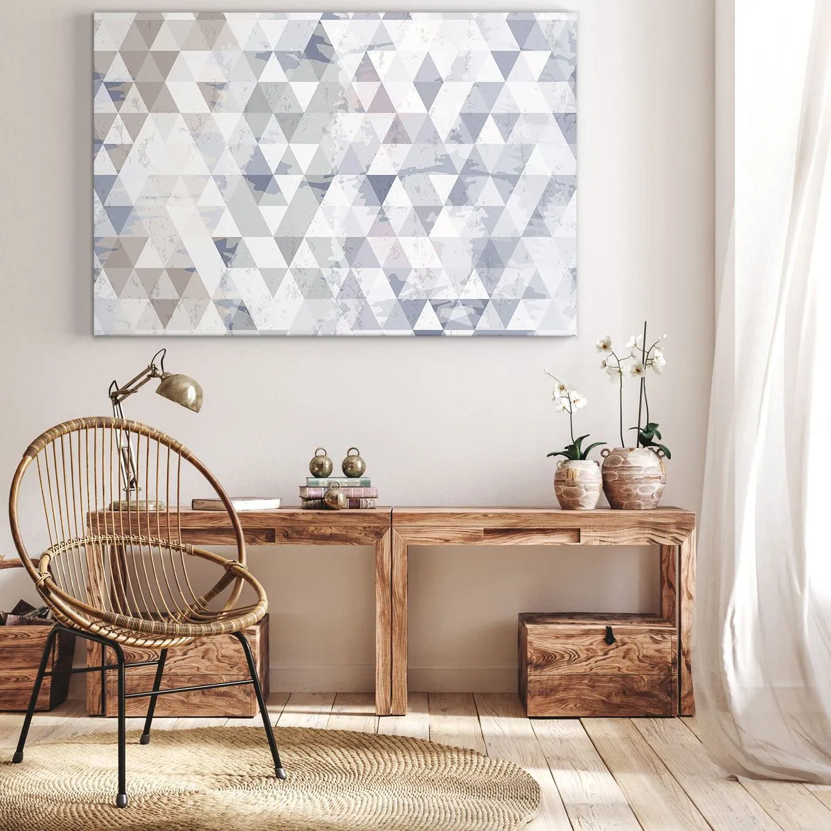 Impression sur toile - Image sur toile - Motif géométrique triangulaire dans des tons pastel - 100x70cm - En rythme de trois - Décoration murale moderne pour le salon et la chambre ARTTOR