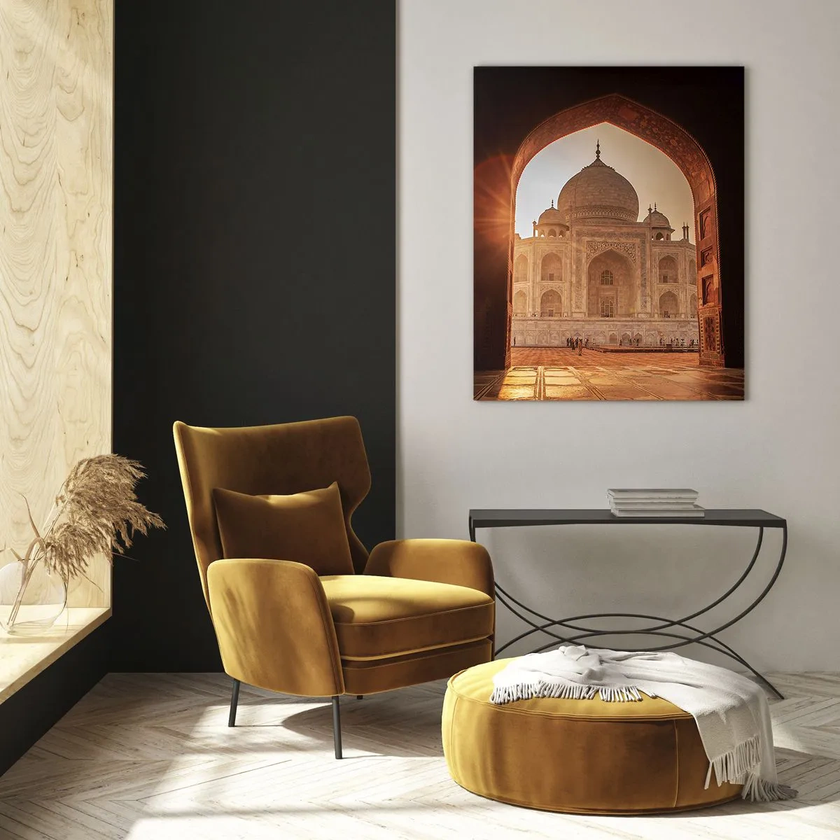 Impression sur verre - Image sur verre - Le Taj Mahal au soleil vu depuis l'arche de la porte - 70x100cm - Un monument à l'amour surnaturel - Décoration murale moderne pour le salon et la chambre ARTTOR