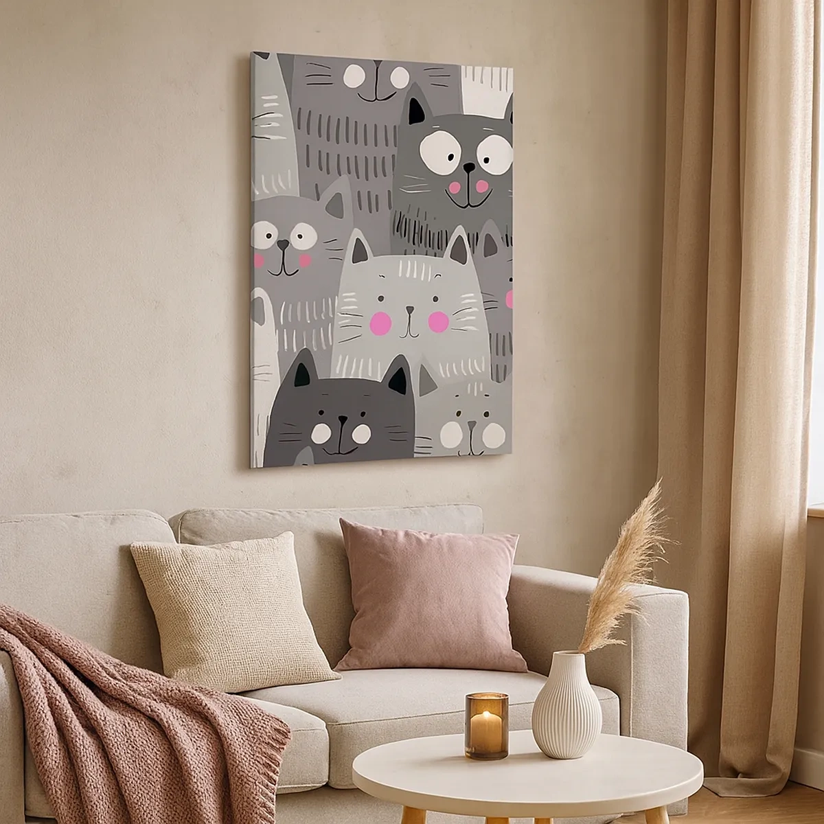 Impression sur toile - Image sur toile - Un motif amusant avec des chats dans des tons de gris - 50x70cm - Le monde des chats - Décoration murale moderne pour le salon et la chambre ARTTOR