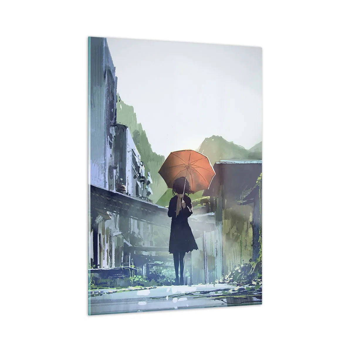 Impression sur verre - Image sur verre - Une silhouette avec un parapluie orange dans une rue pluvieuse - 50x70cm - Pluie vivifiante - Décoration murale moderne pour le salon et la chambre ARTTOR