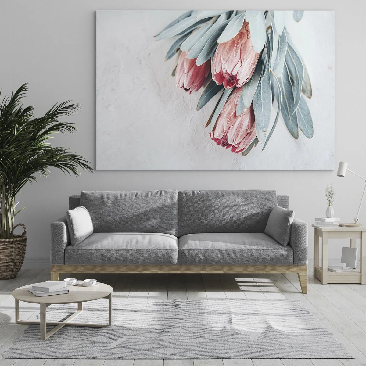 Impression sur verre - Image sur verre - Trois fleurs de protéa pastel avec des feuilles sur un fond clair - 120x80cm - Honte de leur propre beauté - Décoration murale moderne pour le salon et la chambre ARTTOR