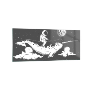Impression sur verre - Image sur verre - Un astronaute sur le dos d'un narval flottant dans une scène spatiale. - 120x50cm - Cavalier de l'espace - Décoration murale moderne pour le salon et la chambre ARTTOR