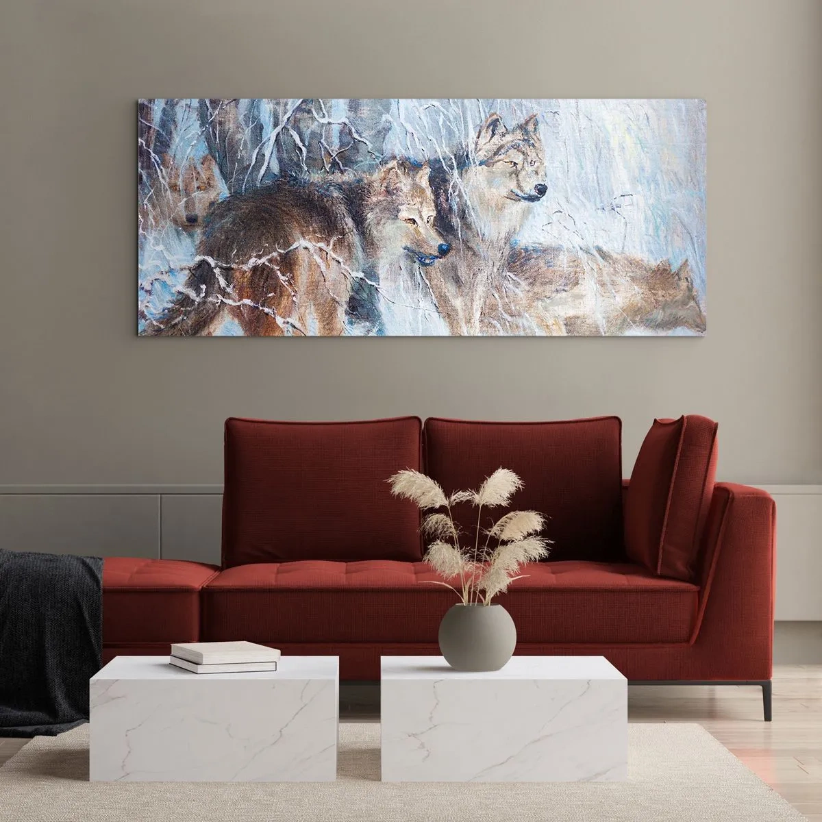 Impression sur verre - Image sur verre - Loups dans une forêt hivernale sur fond de neige - 120x50cm - Attention! Ca arrive ... - Décoration murale moderne pour le salon et la chambre ARTTOR