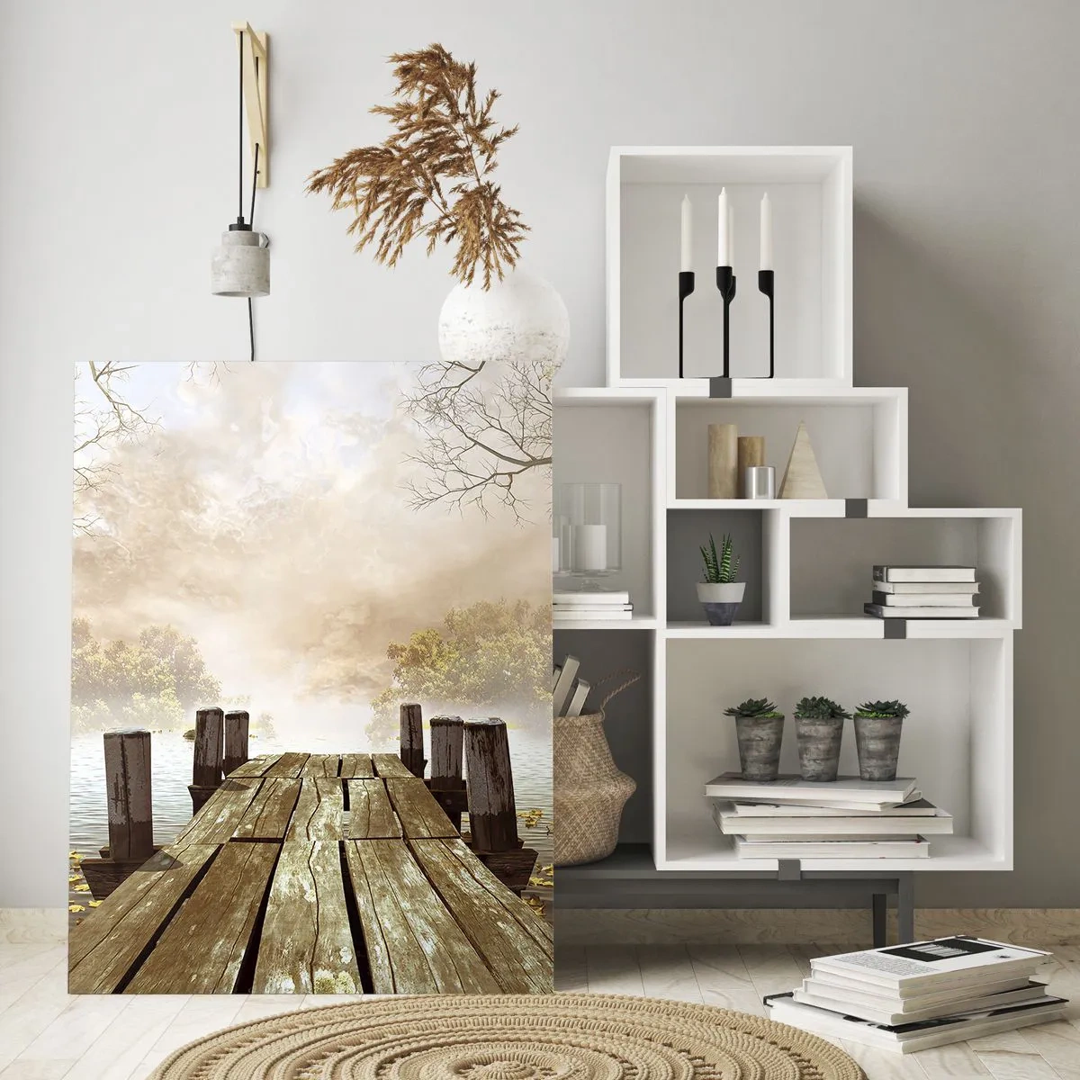 Impression sur verre - Image sur verre - Une jetée en bois menant à un lac calme dans la brume matinale - 80x120cm - La douce tristesse de l'automne - Décoration murale moderne pour le salon et la chambre ARTTOR