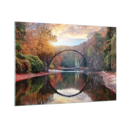Impression sur verre - Image sur verre - Un pont de pierre se reflétant dans un lac au milieu d'une forêt d'automne - 100x70cm - De l'autre cote du miroir - Décoration murale moderne pour le salon et la chambre ARTTOR