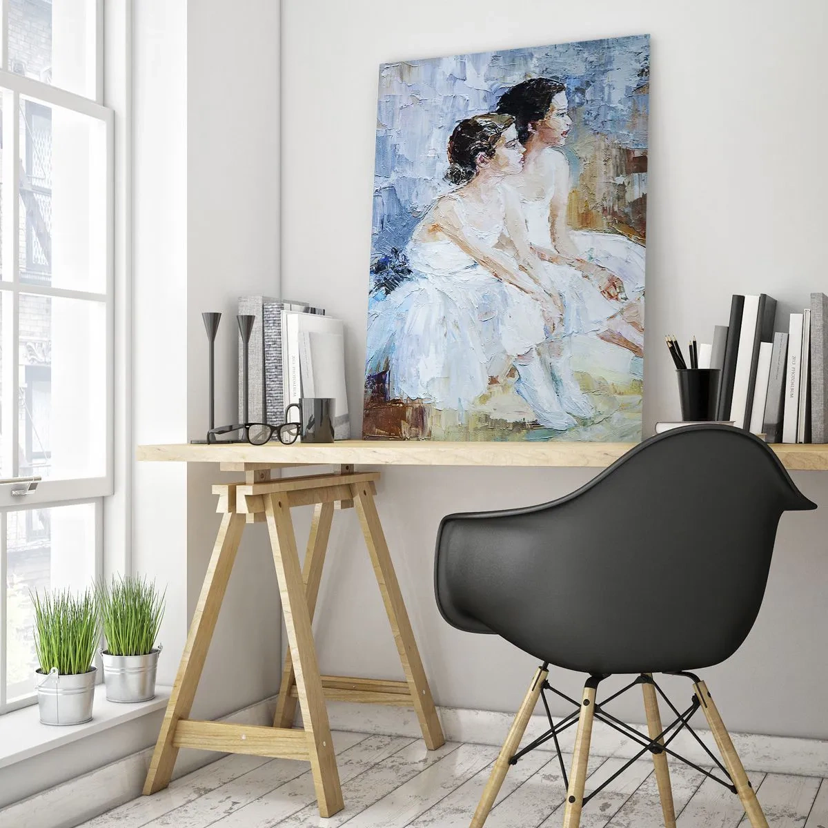 Impression sur verre - Image sur verre - Deux ballerines en robes blanches sur fond impressionniste - 50x70cm - Reste de jeunes cygnes - Décoration murale moderne pour le salon et la chambre ARTTOR