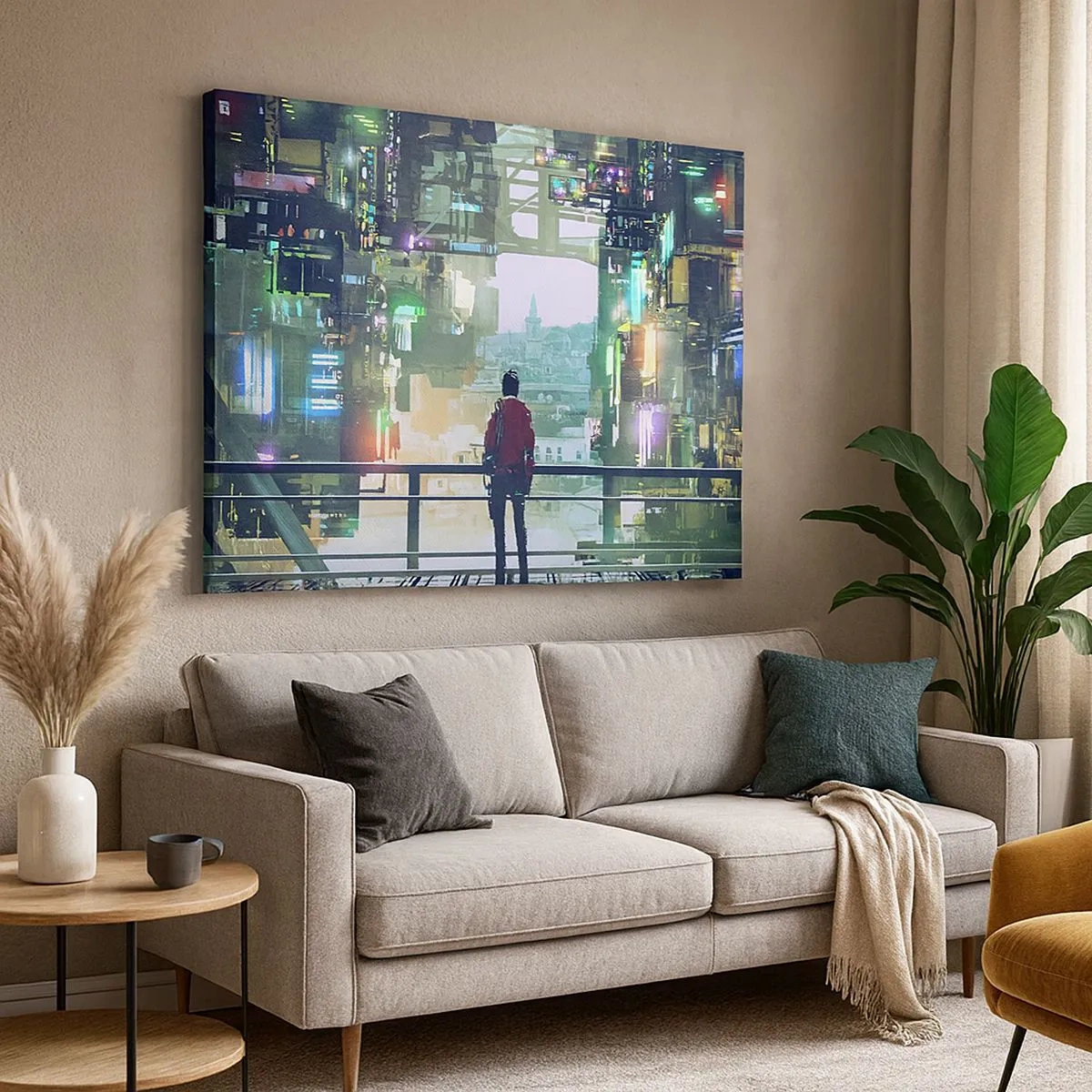 Impression sur toile - Image sur toile - Une silhouette dans une ville futuriste avec des néons - 70x50cm - Deux mondes - Décoration murale moderne pour le salon et la chambre ARTTOR