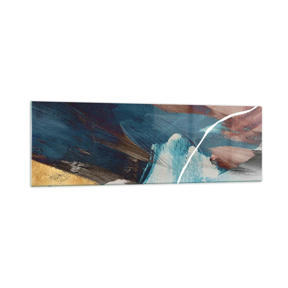 Impression sur verre - Image sur verre - Coups de pinceau abstraits dans des tons de bleu et d'or - 160x50cm - Avec panache et énergie - Décoration murale moderne pour le salon et la chambre ARTTOR