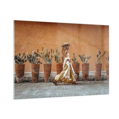 Impression sur verre - Image sur verre - Une femme de style bohème marchant devant des pots de cactus. - 100x70cm - Style hippie - Décoration murale moderne pour le salon et la chambre ARTTOR