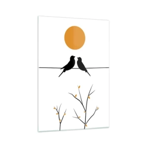 Impression sur verre - Image sur verre - Oiseaux sur une ligne avec un soleil jaune - 70x100cm - Soirée pour rossignols - Décoration murale moderne pour le salon et la chambre ARTTOR
