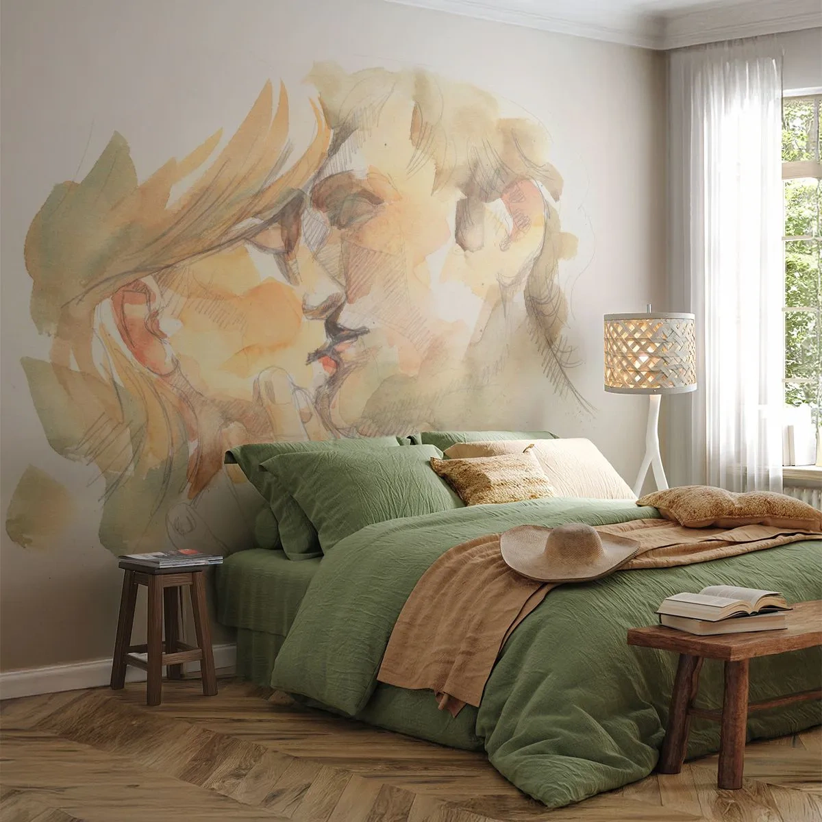 Papier Peint Photo Premium Sand - Une illustration à l'aquarelle d'un couple qui s'embrasse dans des tons chauds. - 100x70cm - A moitié trouvé ? - Décoration murale moderne pour le salon et la chambre ARTTOR