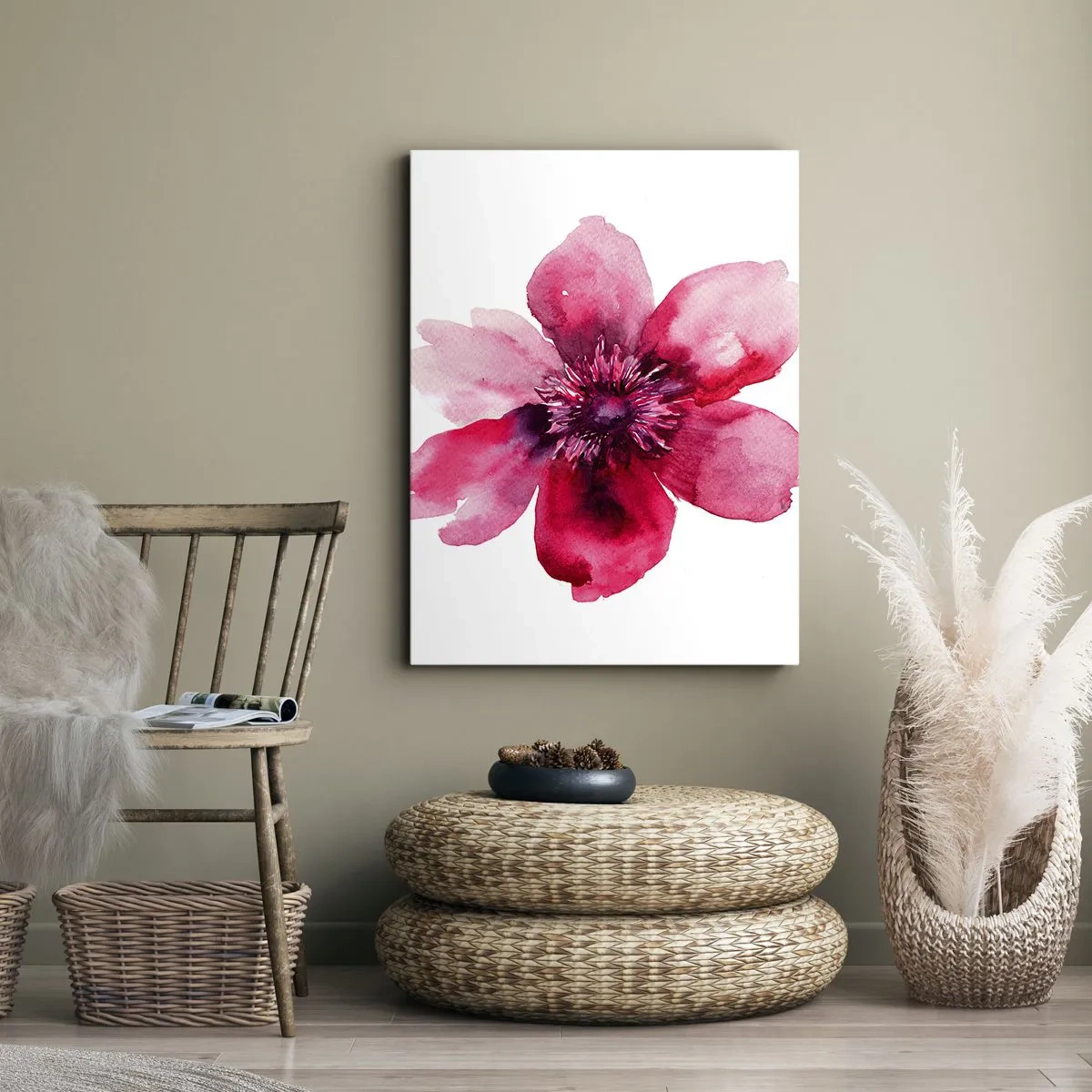 Impression sur toile - Image sur toile - Fleur rose dans un style aquarelle sur fond blanc - 80x120cm - Un baiser parfumé au carmin - Décoration murale moderne pour le salon et la chambre ARTTOR