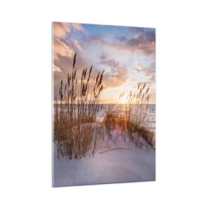 Impression sur verre - Image sur verre - Coucher de soleil sur la mer vu à travers les herbes du bord de mer - 50x70cm - Salutations du soleil et du vent - Décoration murale moderne pour le salon et la chambre ARTTOR