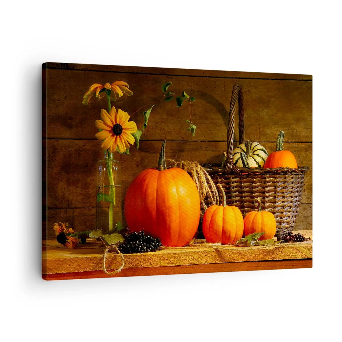 Impression sur toile - Image sur toile - Composition d'automne avec citrouilles et fleurs sur fond de bois - 70x50cm - Une composition rustique - cadeaux d'automne - Décoration murale moderne pour le salon et la chambre ARTTOR
