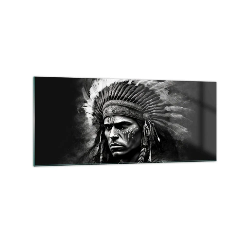 Impression sur verre - Image sur verre - Portrait d'un chef portant une coiffe à plumes sur fond noir - 120x50cm - Un leader et un guerrier - Décoration murale moderne pour le salon et la chambre ARTTOR