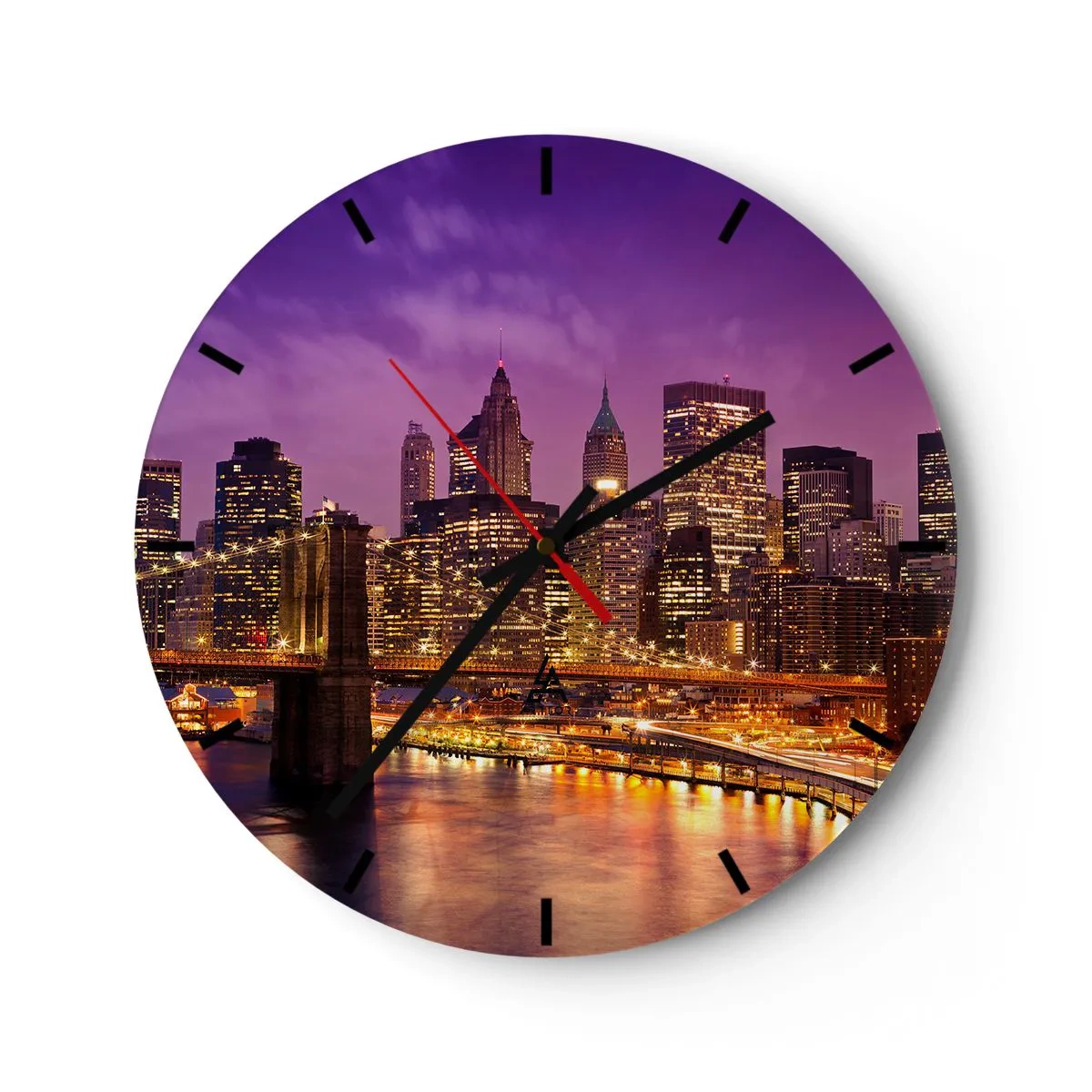 Horloge murale - Pendule murale - Panorama de la ville avec le pont et l'éclairage dans le paysage du soir - 30x30cm - Manhathann or violet - Décoration murale moderne pour le salon, la cuisine et la chambre ARTTOR