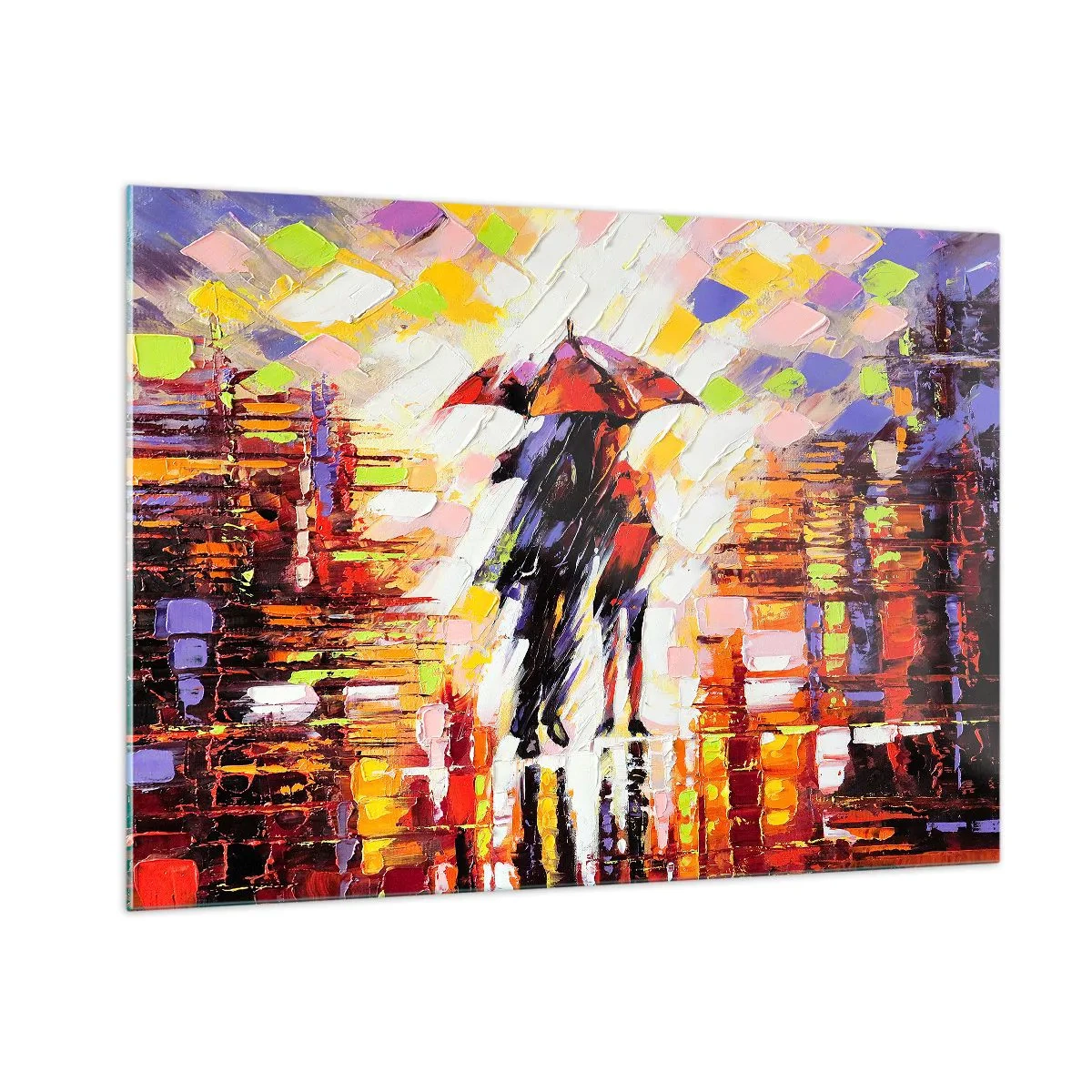 Impression sur verre - Image sur verre - Un couple sous un parapluie rouge dans une ville colorée - 100x70cm - Ensemble à travers la nuit et la pluie - Décoration murale moderne pour le salon et la chambre ARTTOR