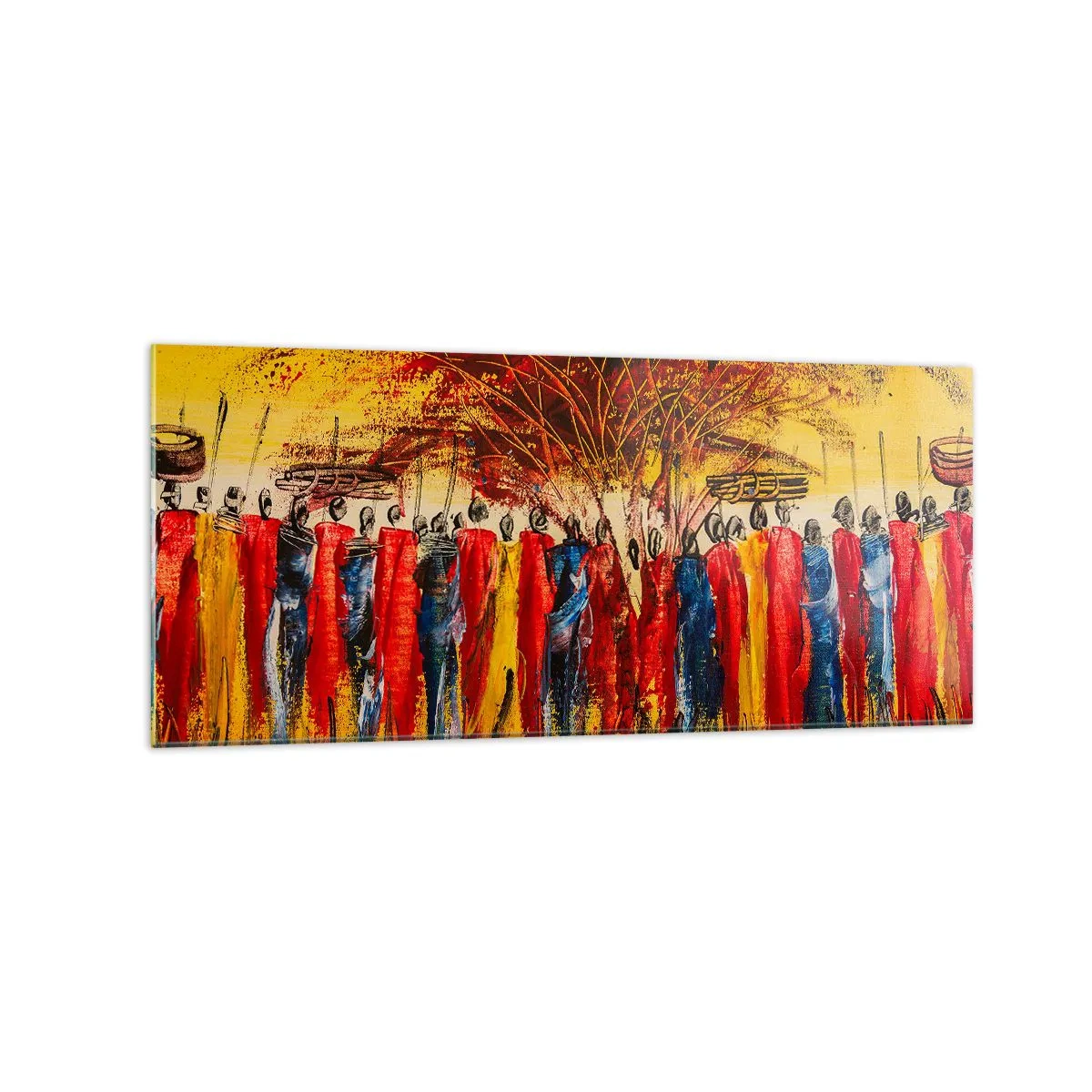 Impression sur verre - Image sur verre - Une scène colorée avec des personnages africains sur fond de soleil couchant. - 120x50cm - Là-bas, là-bas, ils vont là-bas - Décoration murale moderne pour le salon et la chambre ARTTOR