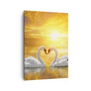 Impression sur toile - Image sur toile - Une scène romantique de deux cygnes formant un cœur sur fond de coucher de soleil doré. - 50x70cm - Le coeur est le plus beau mot du monde… - Décoration murale moderne pour le salon et la chambre ARTTOR