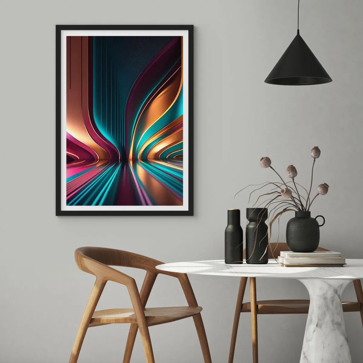 Affiche dans un cadre noir - Poster - Abstraction futuriste aux couleurs or et turquoise - 50x70cm - Architektura światła - Décoration murale moderne pour le salon et la chambre ARTTOR