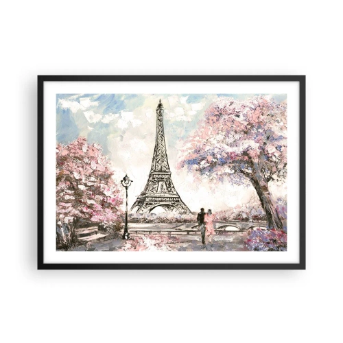 Affiche dans un cadre noir - Poster - La Tour Eiffel entourée d'arbres en fleurs - 70x50cm - Balade d'avril à Paris - Décoration murale moderne pour le salon et la chambre ARTTOR