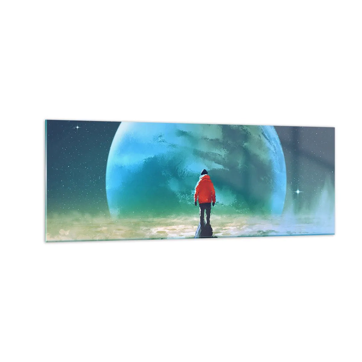 Impression sur verre - Image sur verre - Un homme portant une veste rouge debout devant une grande planète avec des étoiles en arrière-plan. - 140x50cm - Explorateur de la nouvelle terre - Décoration murale moderne pour le salon et la chambre ARTTOR