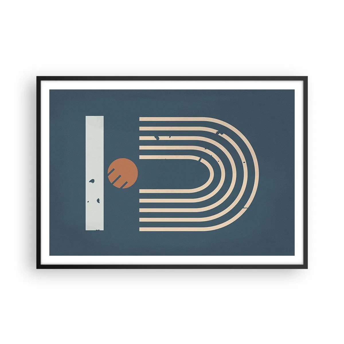 Affiche dans un cadre noir - Poster - Motif géométrique dans les tons bleu marine, beige et orange sur fond sombre - 100x70cm - Géométrie sur la grenade - Décoration murale moderne pour le salon et la chambre ARTTOR