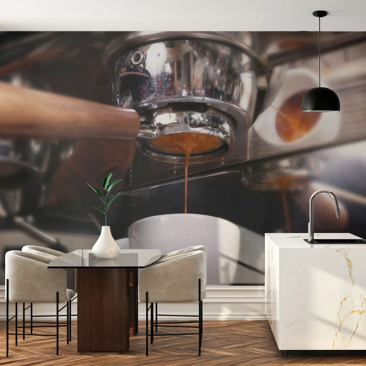 Papier Peint Photo Premium Sand - Une machine à café versant de l'espresso dans une tasse blanche - 100x70cm - Bon moment de la journée - Décoration murale moderne pour le salon et la chambre ARTTOR