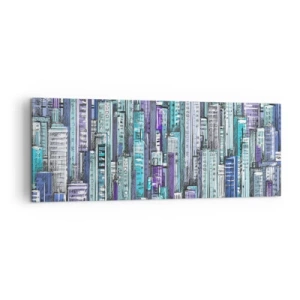 Impression sur toile - Image sur toile - Illustration d'une ville avec des bâtiments géométriques dans des tons de bleu et de violet. - 140x50cm - Bleuâtre avec le ciel - Décoration murale moderne pour le salon et la chambre ARTTOR