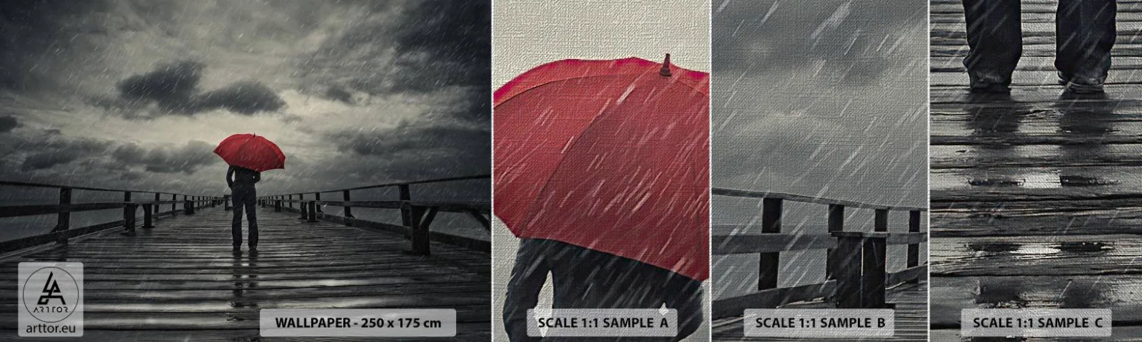 Échantillon de Papier Peint Premium Canvas - Peu importe qu'il pleuve - Jetée en bois, Mer, Marcher sous la pluie - 100x30 cm