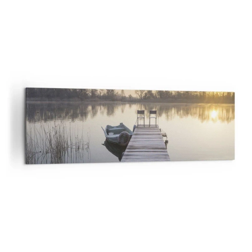 Impression sur toile - Image sur toile - Une jetée au bord du lac le matin avec un bateau et des chaises - 160x50cm - Je reviendrai - Décoration murale moderne pour le salon et la chambre ARTTOR