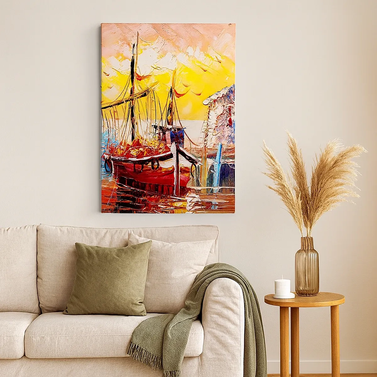 Impression sur toile - Image sur toile - Port pittoresque au coucher du soleil avec des bateaux de pêche - 50x70cm - Bon retour - Décoration murale moderne pour le salon et la chambre ARTTOR