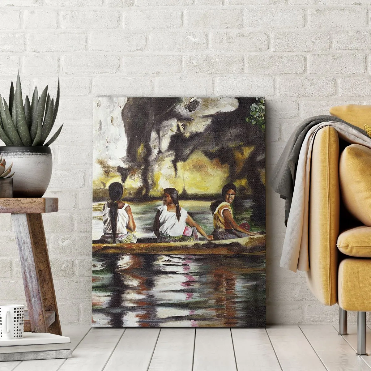 Impression sur toile - Image sur toile - Femmes dans un bateau sur une rivière calme avec un arrière-plan pittoresque - 70x100cm - Dans un paradis polynésien - Décoration murale moderne pour le salon et la chambre ARTTOR