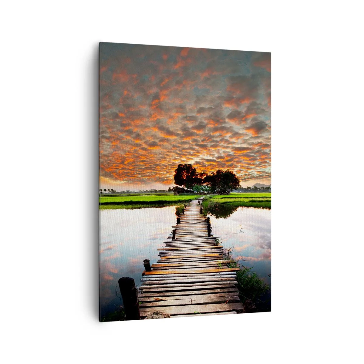 Impression sur toile - Image sur toile - Pont en bois sur l'eau au coucher du soleil - 70x100cm - Étendez vos bras - respirez - Décoration murale moderne pour le salon et la chambre ARTTOR