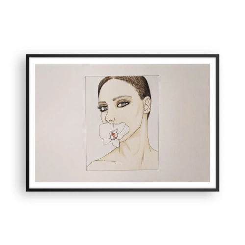 Affiche dans un cadre noir - Poster - Portrait d'une femme avec une orchidée aux couleurs délicates - 100x70cm - Symbole de l'élégance et de la beauté - Décoration murale moderne pour le salon et la chambre ARTTOR