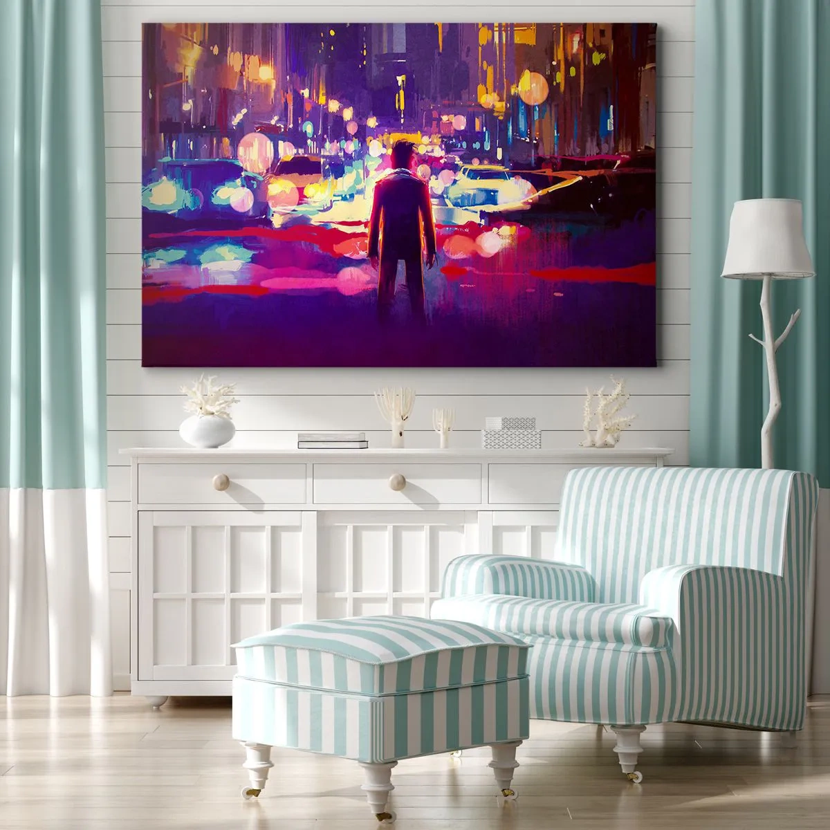 Impression sur toile - Image sur toile - Un homme dans une scène nocturne de ville au néon - 70x50cm - Immergé dans la lumière - Décoration murale moderne pour le salon et la chambre ARTTOR