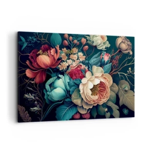 Impression sur toile - Image sur toile - Une composition colorée de fleurs sur un fond sombre - 120x80cm - le charme du 19ème siècle - Décoration murale moderne pour le salon et la chambre ARTTOR