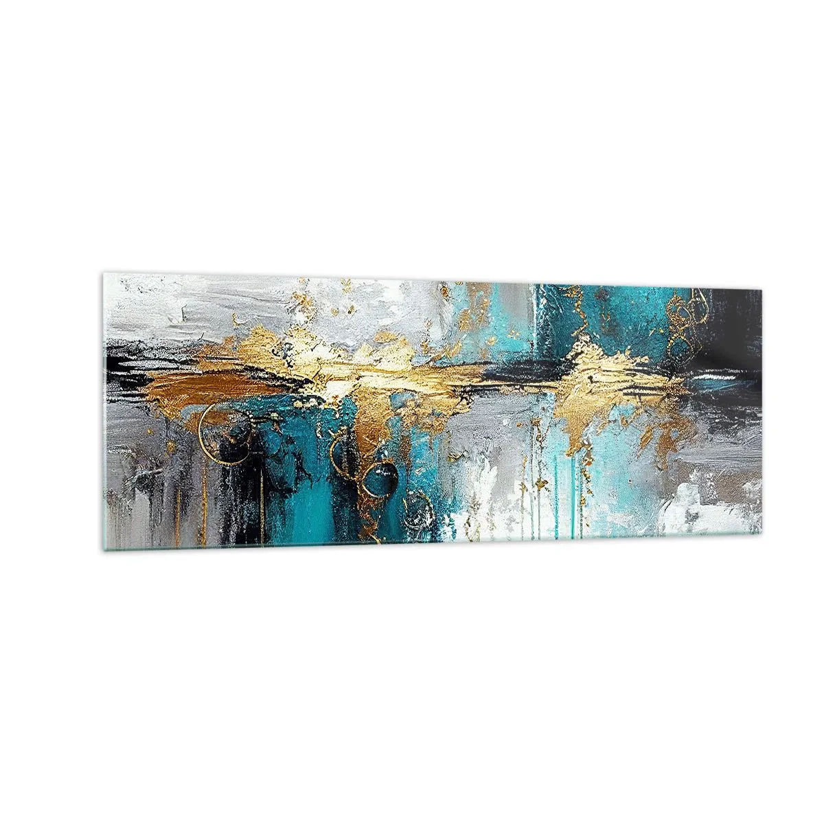 Impression sur verre - Image sur verre - Une composition abstraite aux accents turquoise et dorés. - 140x50cm - Tout coule - Décoration murale moderne pour le salon et la chambre ARTTOR