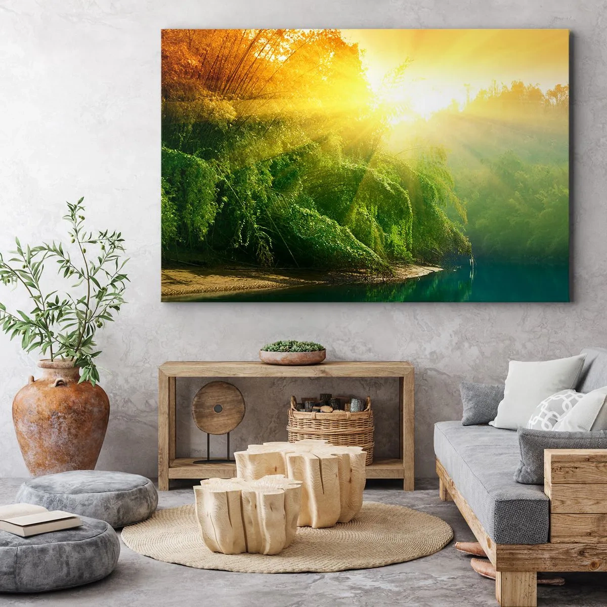 Impression sur toile - Image sur toile - Une forêt verte au bord de la rivière, illuminée par les rayons du soleil levant - 120x80cm - Se noyer au soleil et à l'ombre - Décoration murale moderne pour le salon et la chambre ARTTOR
