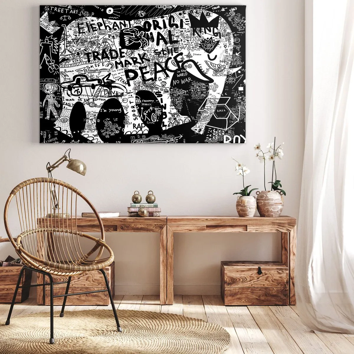 Impression sur toile - Image sur toile - Graphiques en noir et blanc avec des motifs graffitis - 100x70cm - La richesse des rues - Décoration murale moderne pour le salon et la chambre ARTTOR