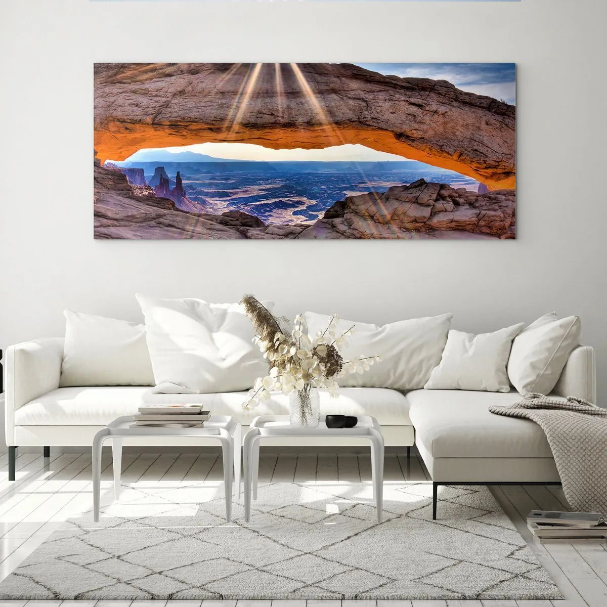 Impression sur verre - Image sur verre - Arche rocheuse surplombant le canyon au lever du soleil - 140x50cm - Par la porte rocheuse - Décoration murale moderne pour le salon et la chambre ARTTOR