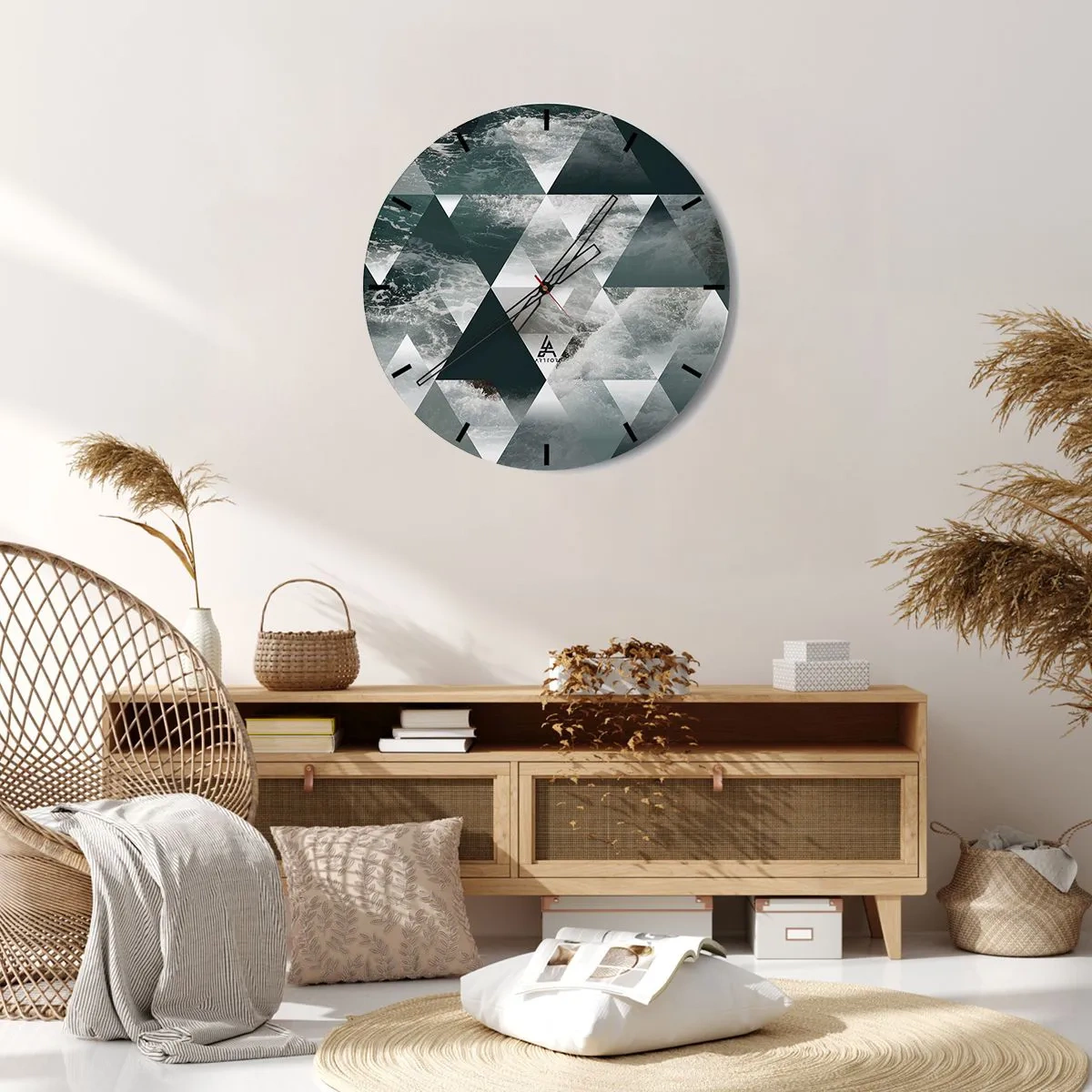 Horloge murale - Pendule murale - Triangles géométriques avec un motif océanique orageux - 30x30cm - Point de vue de cristal - Décoration murale moderne pour le salon, la cuisine et la chambre ARTTOR