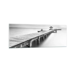 Impression sur verre - Image sur verre - Une vue en noir et blanc d'une jetée en bois sur une eau calme. - 140x50cm - À l'horizon - Décoration murale moderne pour le salon et la chambre ARTTOR