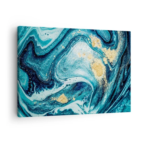 Impression sur toile - Image sur toile - Une composition abstraite de vagues et d'accents dorés - 70x50cm - Vortex bleu - Décoration murale moderne pour le salon et la chambre ARTTOR