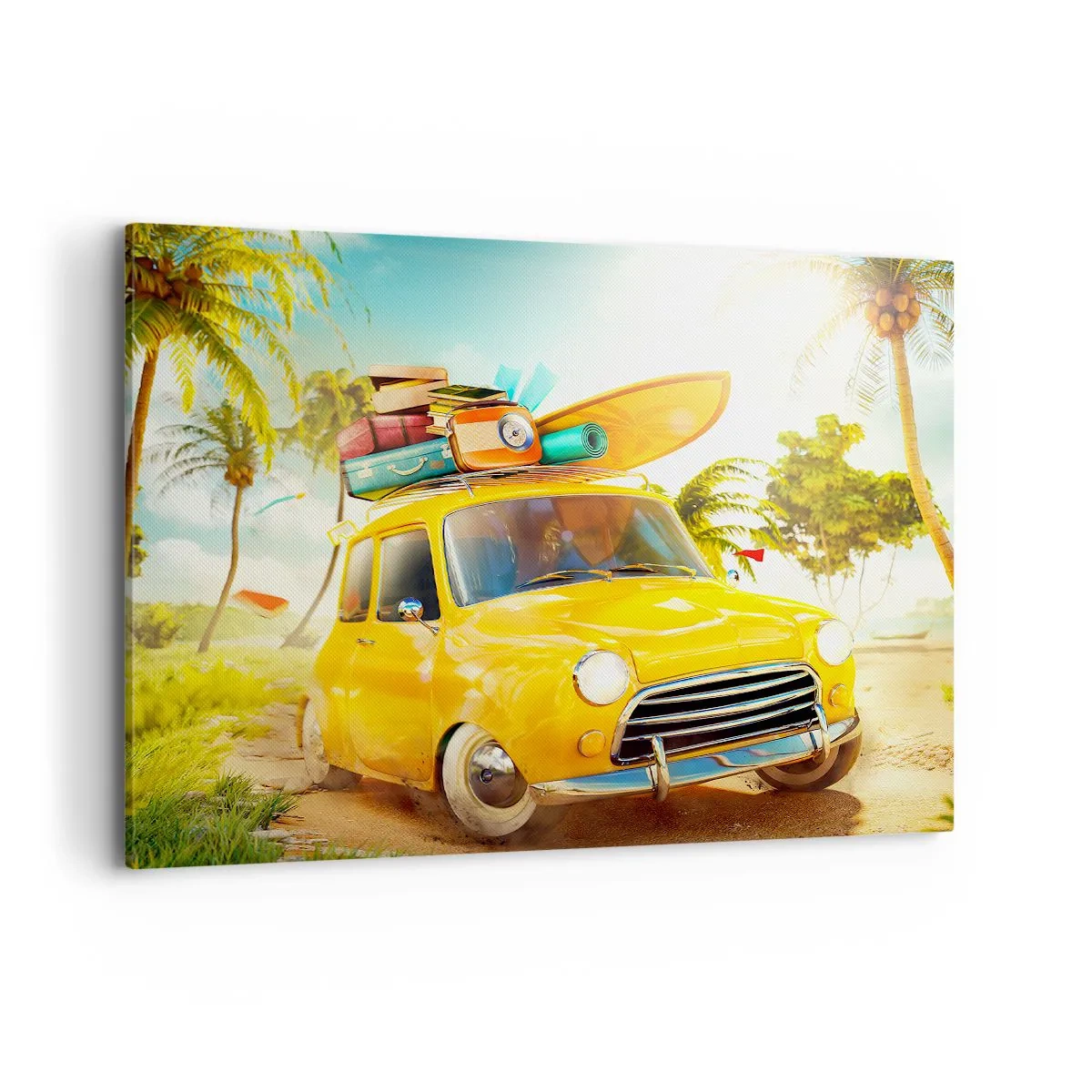 Impression sur toile - Image sur toile - Une voiture jaune avec des bagages dans un paysage tropical - 100x70cm - Un voyage pour plus d'un sourire - Décoration murale moderne pour le salon et la chambre ARTTOR